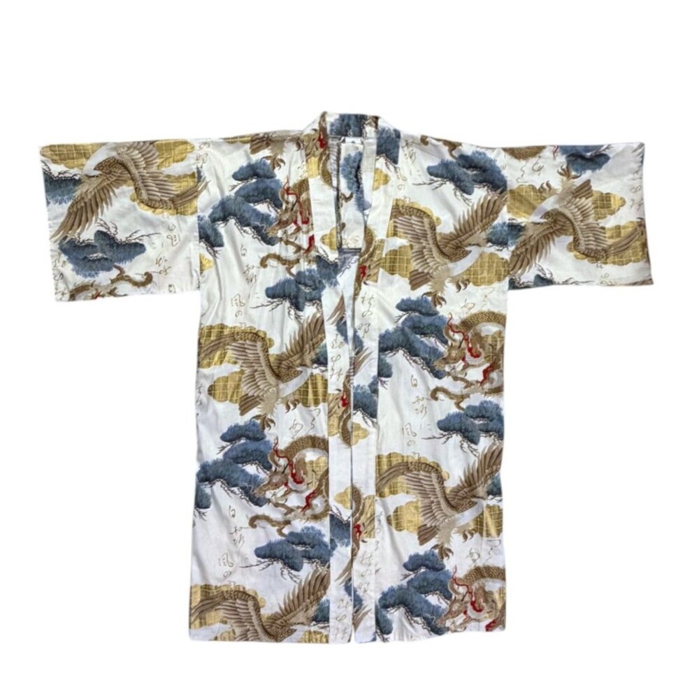 VTG New Sakurai Shoji Japan Kimono Robe Dragon Phoenix Gold 100% Cotton Poplin